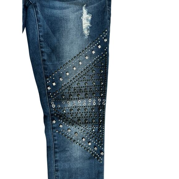 Bebe Heatbreaker Skinny Embellished Thigh Distressed Denim Blue Jeans Size 26 - Picture 4 of 7